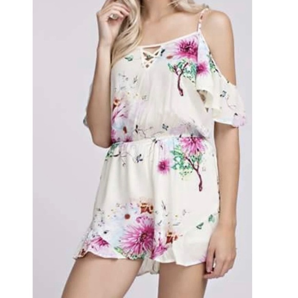 NWT•Ivory Floral•Cold Shoulder Romper - Picture 1 of 14